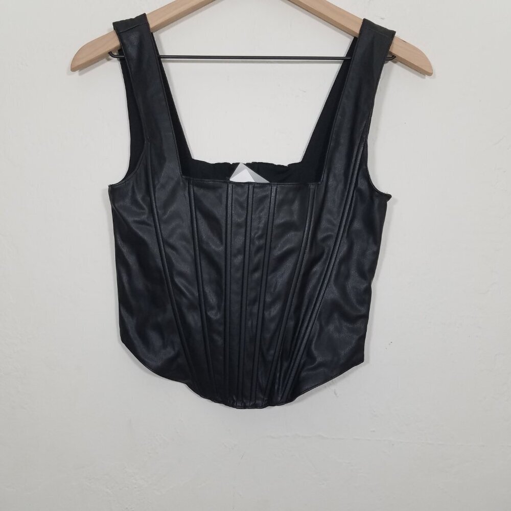 NWT 7 For All Mankind Faux Leather Corset Sleeveless Top Black Size M - Picture 3 of 7